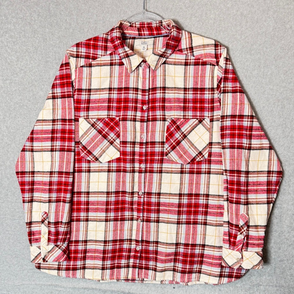 Croft & Barrow Flannel Shirt Plaid Button‎ Up Long Sleeve Red White XXL